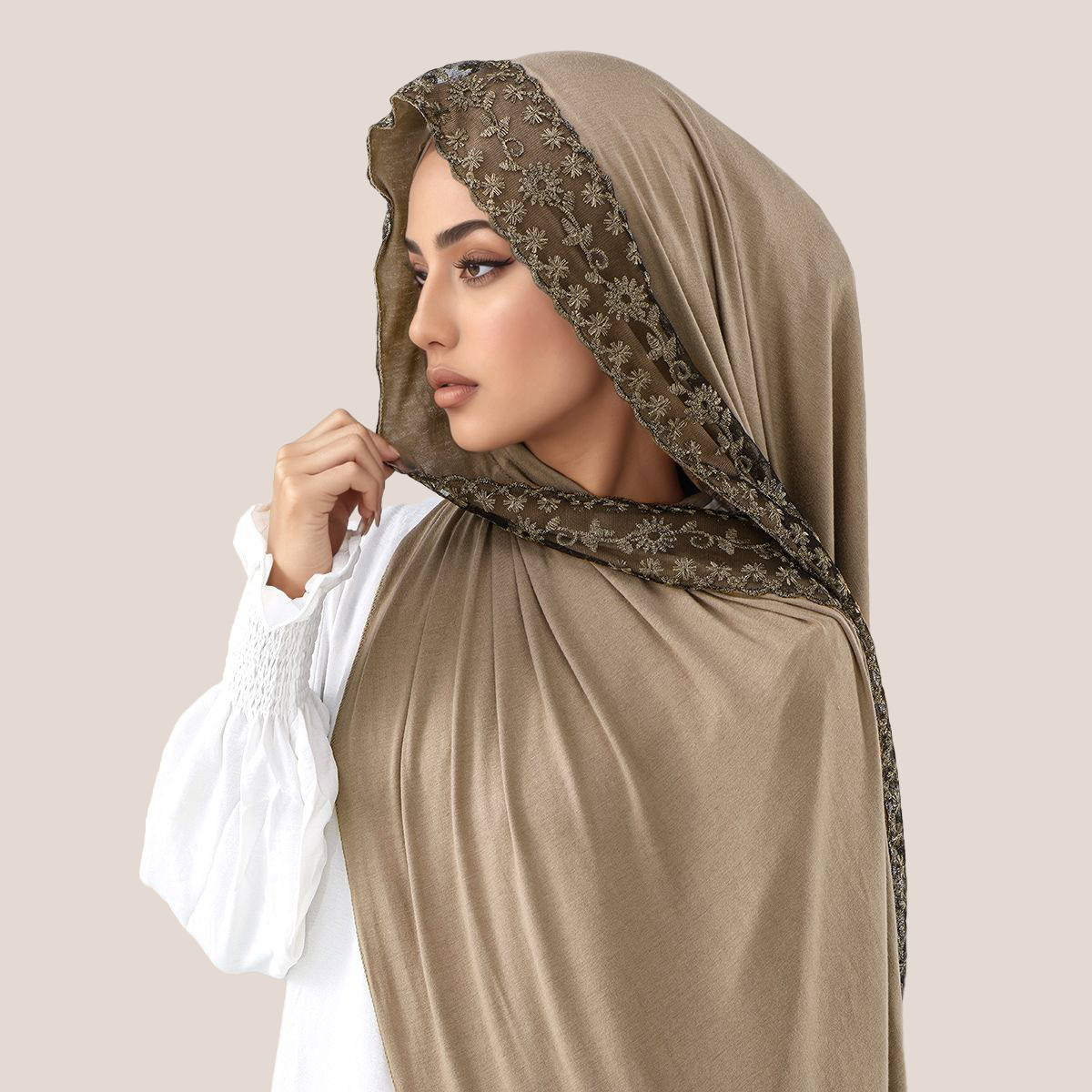 Embroidery Shawl - Koronkowy haft, bawełniany dżersej, muzułmański hidżab,