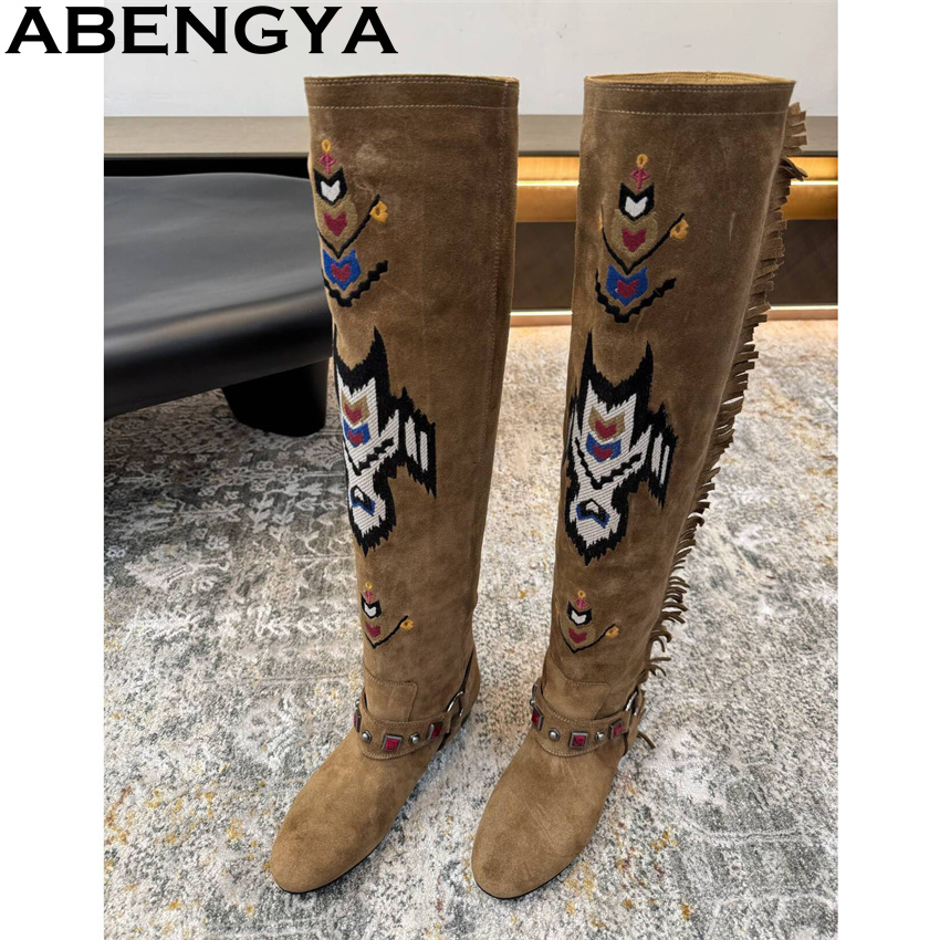 Embroidery On Leather - ABENGYA 2026 Zimowe Nowe Kozaki Damskie