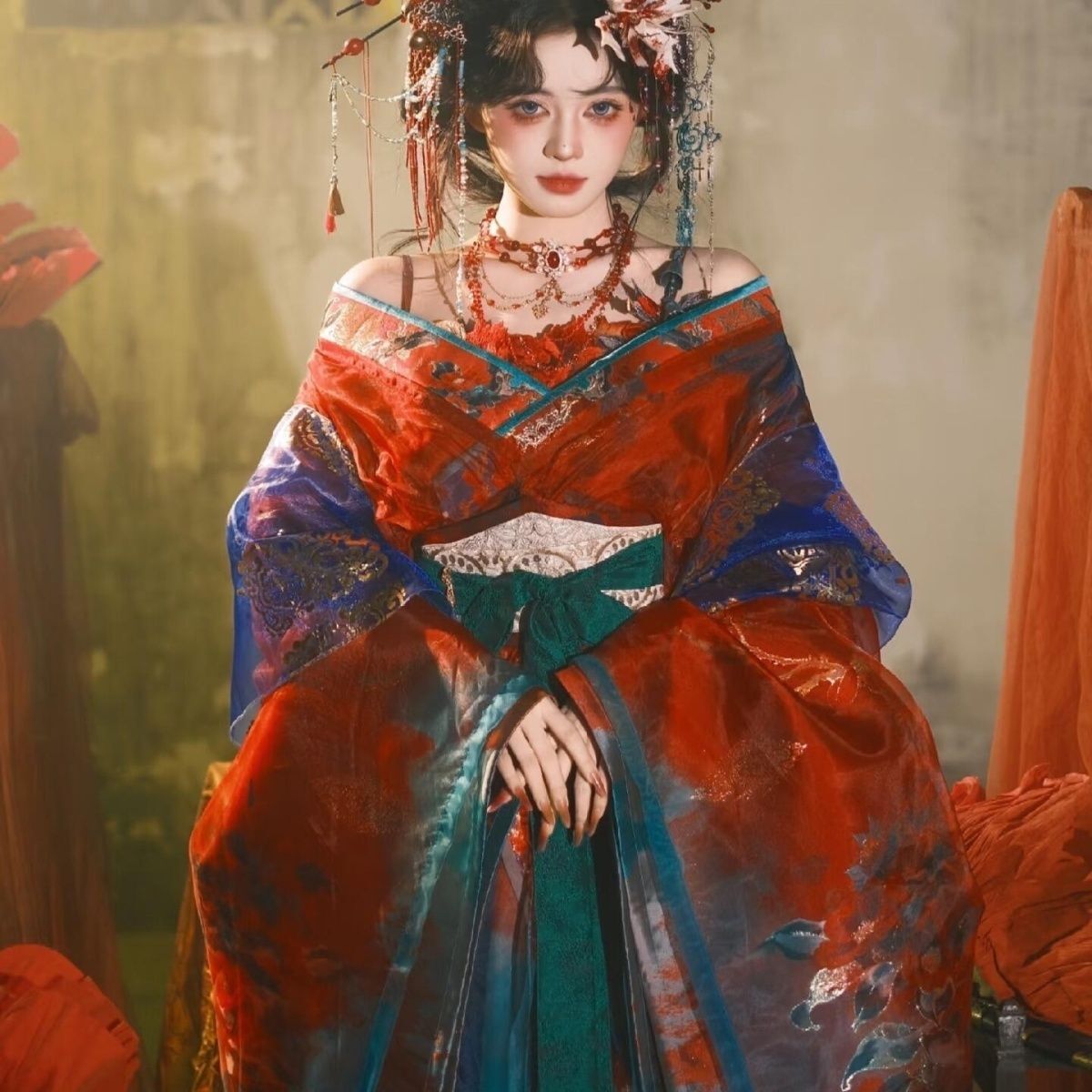 Embroidery Set - Czarno-niebieski haftowany Hanfu damski, ulepszony tradycyjny