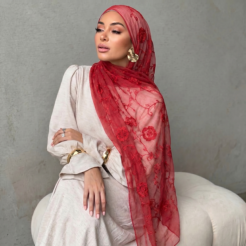 Embroidery Shawl - Kwiatowy haft, muzułmańska chusta hidżab, przezroczysta,