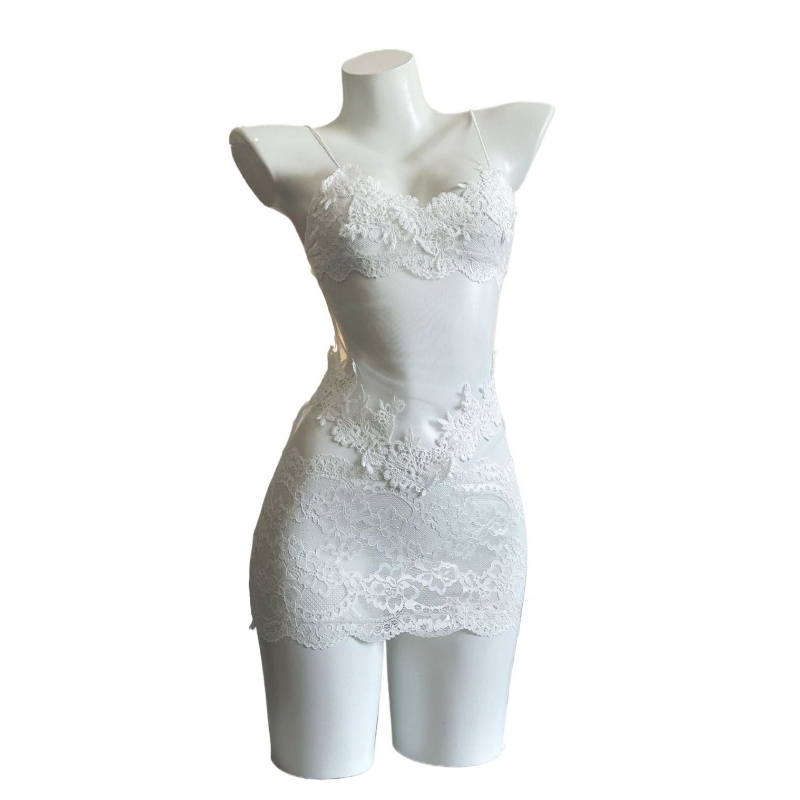 Embroidery Lace - Seksowna koronkowa sukienka bez ramiączek z