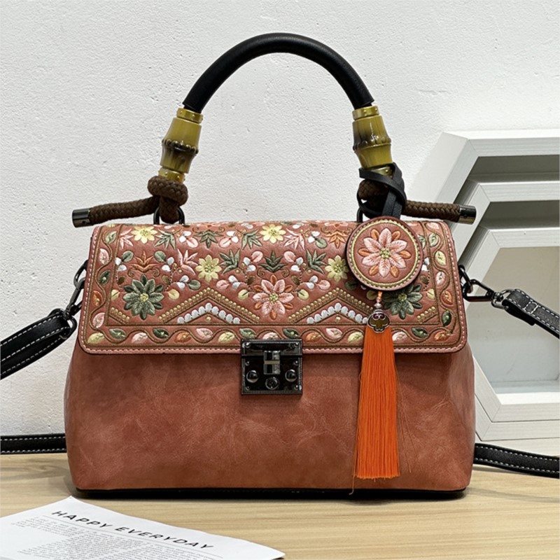Embroidery On Leather - Johnature Haftowana Torebka Cheongsam Damska Skórzana